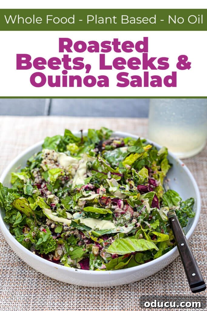 Vibrant Vegan Roasted Beet and Leek Salad 5 Large, inviting bowl of warm roasted beets, leeks, and tricolor quinoa salad, elegantly drizzled with creamy cashew dressing, perfect for a healthy and satisfying plant-based meal.