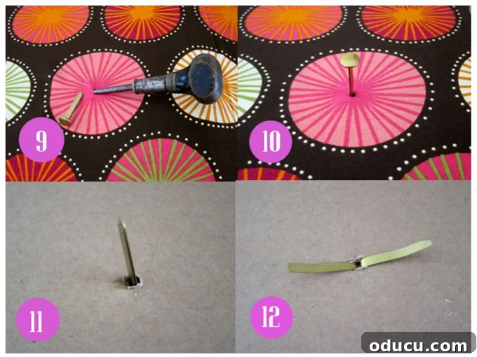 DIY Fireplace Cover Seamlessly Built 12 Steps showing how to add decorative fasteners to a DIY fireplace screen.