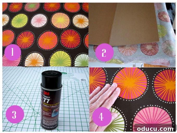 DIY Fireplace Cover Seamlessly Built 10 Steps showing how to cover a cardboard screen with fabric for a DIY fireplace cover.