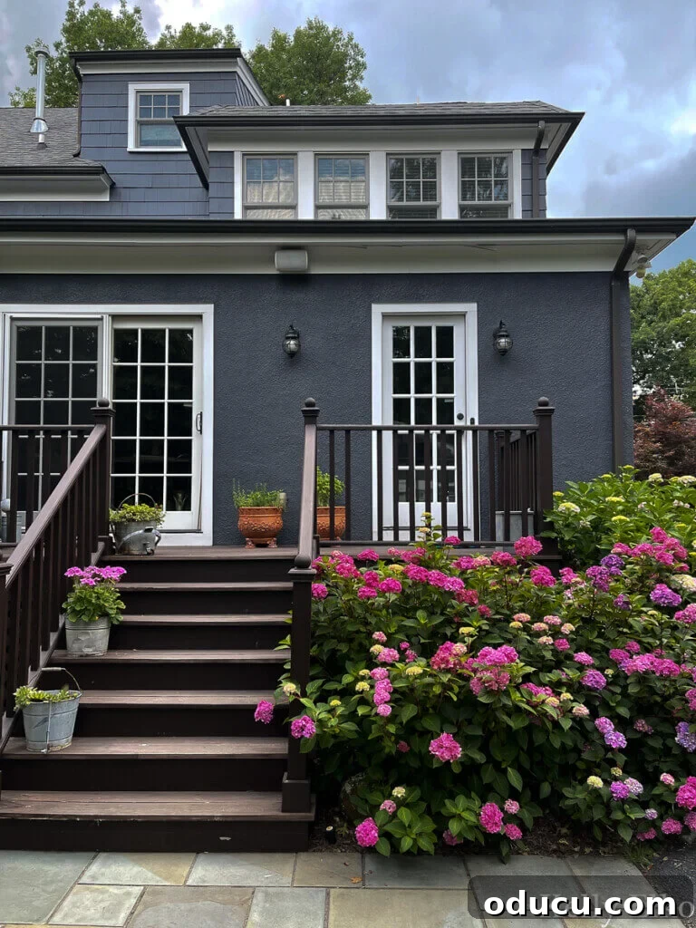 Style Finds 52 2 Colorful home with patio with purple and pink hydrangeas.