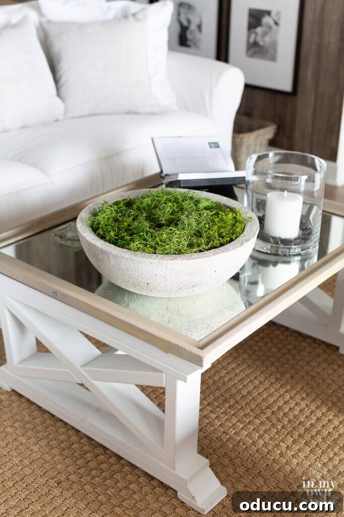 Grand Living Room on a Small Budget: $240 Makeover 10 A chic mirrored-top coffee table styled with a concrete bowl filled with lush moss, adding organic texture.
