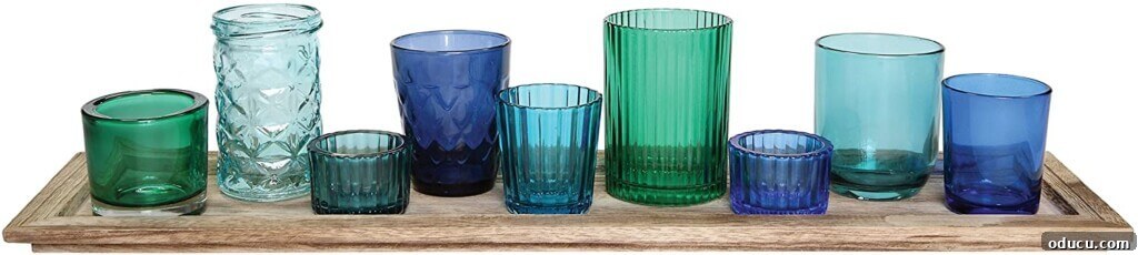 Woodland Inspired DIY Tealight Holders 4 blue and turquoise glass votives on a wood tray