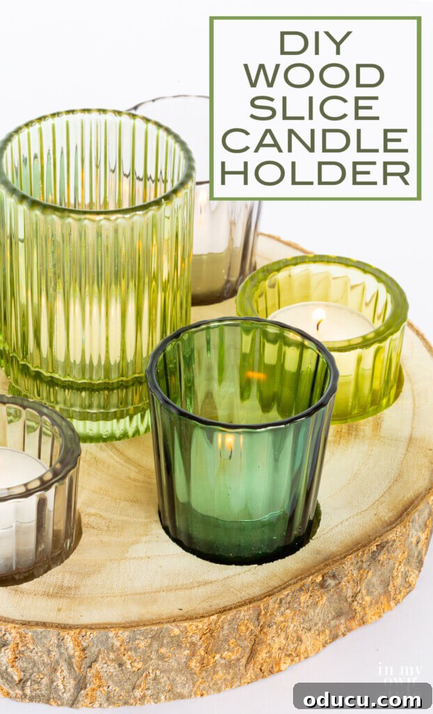 Woodland Inspired DIY Tealight Holders 9 DIY Wood Slice Candleholder with ribbed green glass votives.