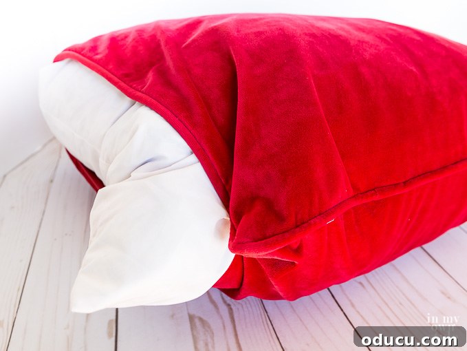 Instant Home Updates with Throw Pillow Covers 8 A vivid red velvet pillow cover being carefully slipped over a plump pillow insert, illustrating the ease of interchangeability.
