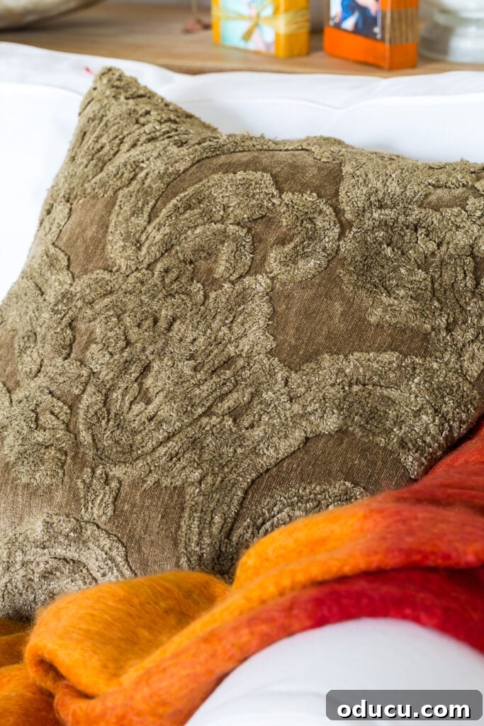 Instant Home Updates with Throw Pillow Covers 9 A stylish Pottery Barn Fall Pillow Cover, featuring a rich brown jacquard textured fabric, artfully arranged on a sofa.