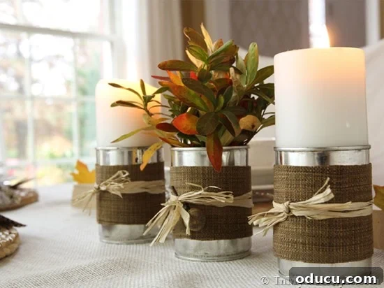 Cozy Autumn Vases: Effortless Ideas for a Warm Home 7 Fall vase ideas using multiple DIY rustic vases made from tin cans and fabric.