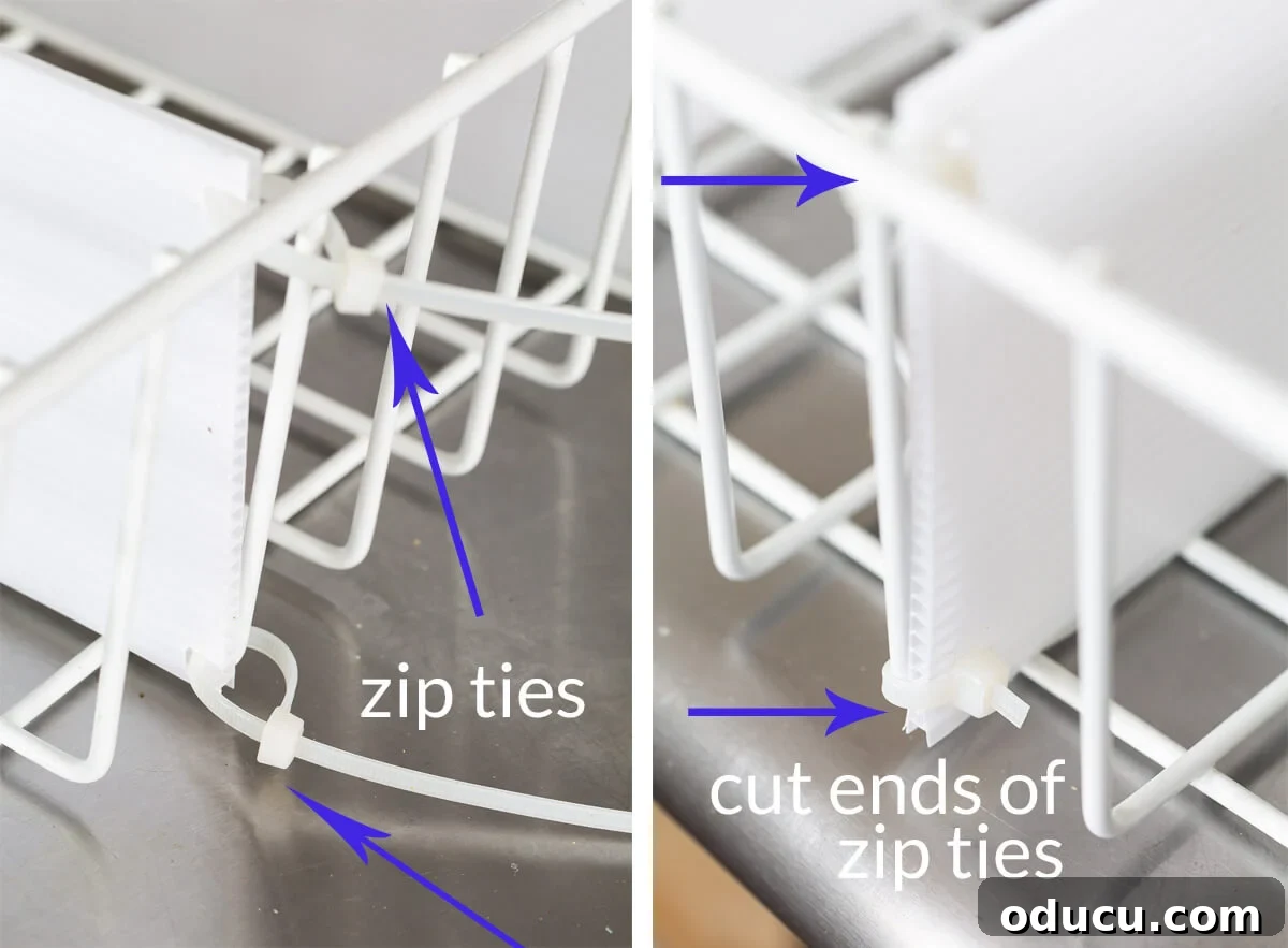 DIY Freezer Drawer Organization Hacks 11 how to use zip ties to attach diy freezer dividers to wire rack shelf.