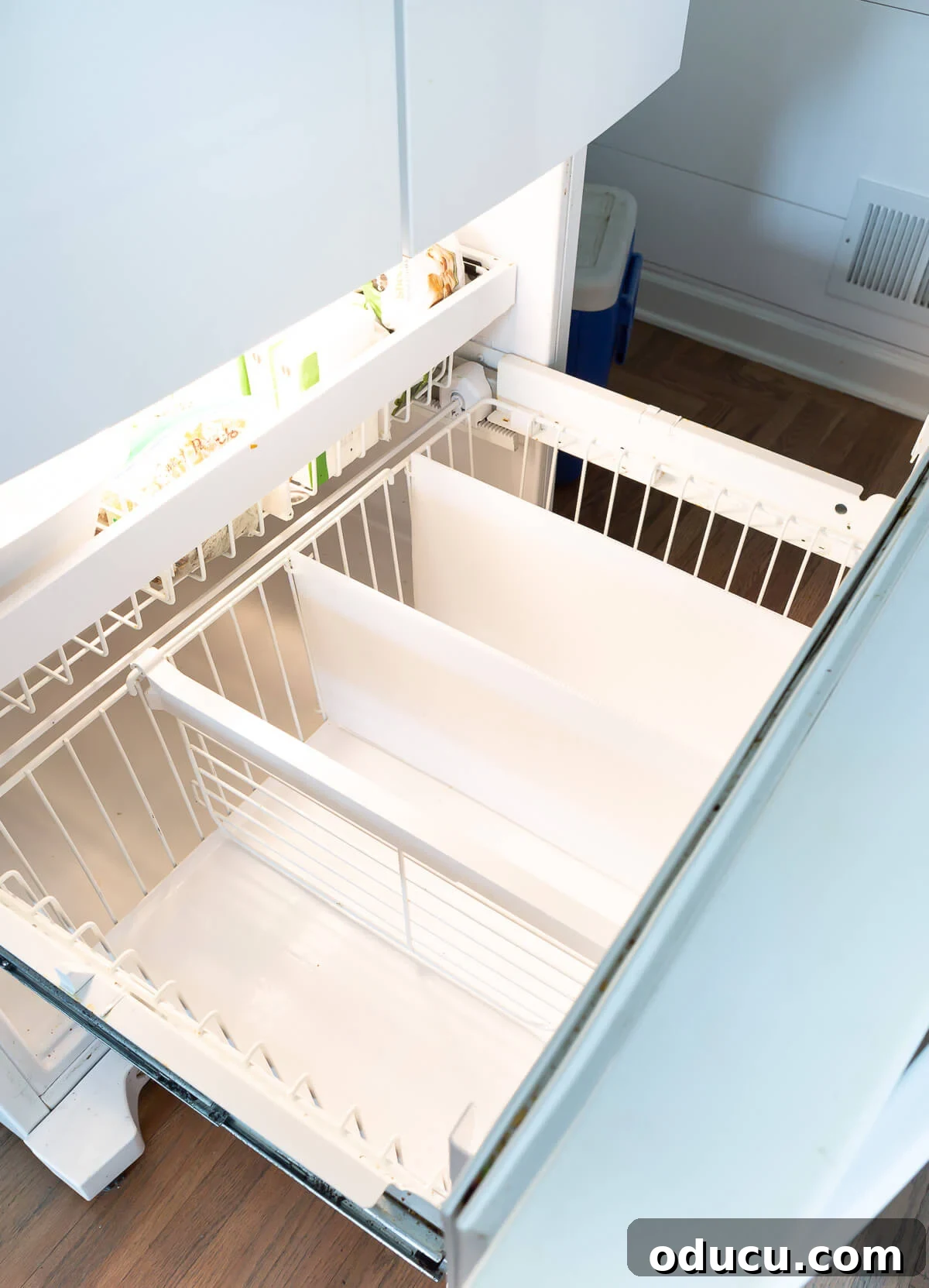 DIY Freezer Drawer Organization Hacks 14 plastic freezer dividers in bottom drawer of freezer.
