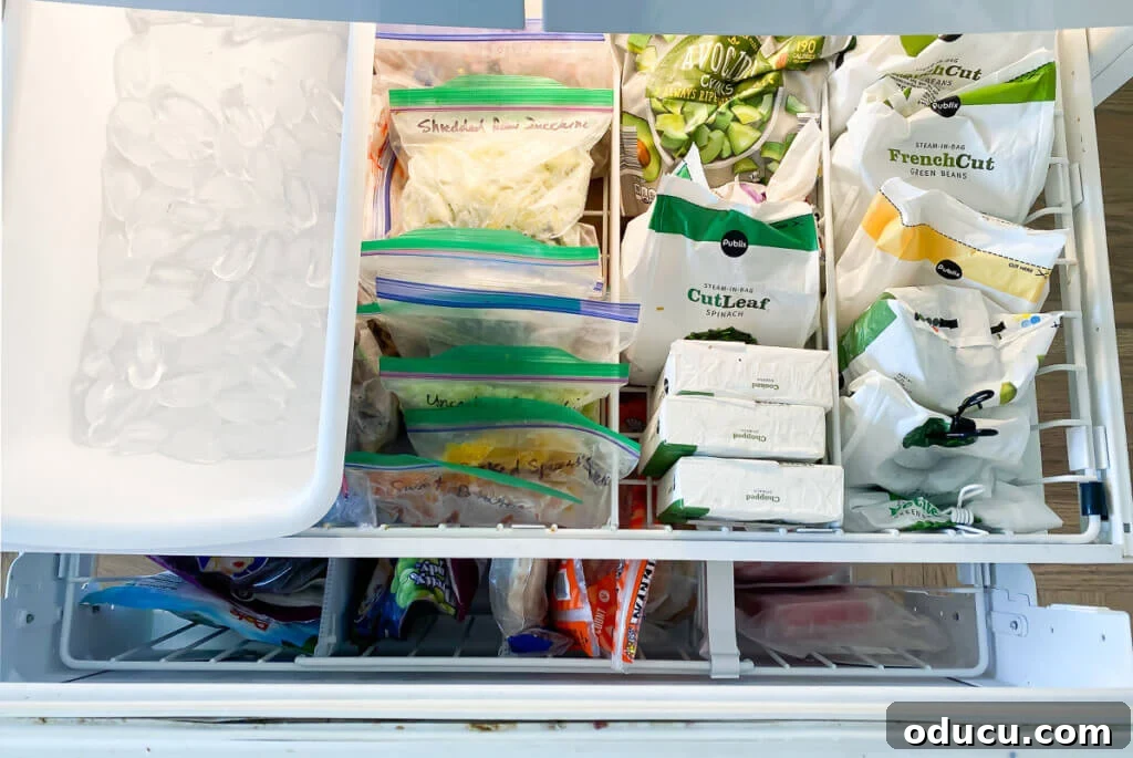 DIY Freezer Drawer Organization Hacks 15 Looking down into a newly organized bottom drawer freezer.