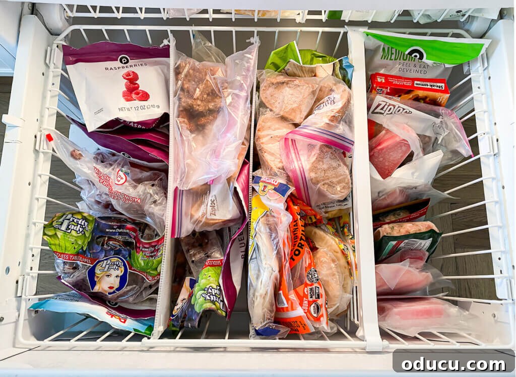 DIY Freezer Drawer Organization Hacks 16 Looking down into a newly organized bottom drawer of a freezer filled with frozen food.