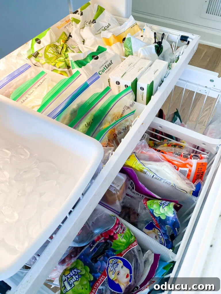 DIY Freezer Drawer Organization Hacks 17 open bottom freezer drawer showing the addition of dividers to organize contents into sections.