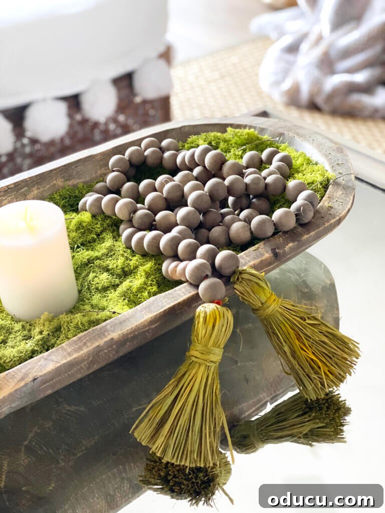 Cozy Fall Living Room on a Dime 11 wood bead strand in a dough bowl on a coffee table
