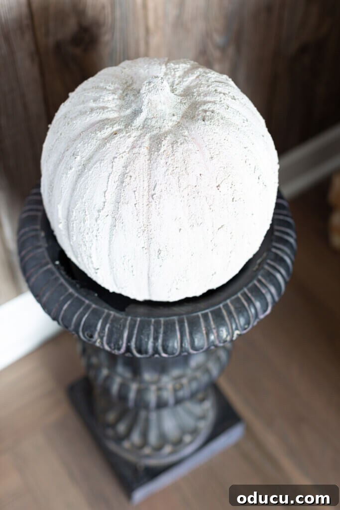 Cozy Fall Living Room on a Dime 4 Neutral fall decorating colors for fall. Cement covered plastic pumpkin on black pedestal urn.