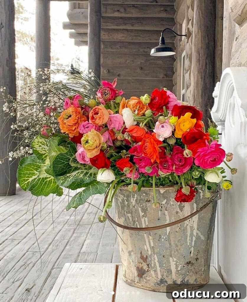 Style Dossier 62 3 Beautiful autumn flowers arranged in a rustic bucket, set on a porch.