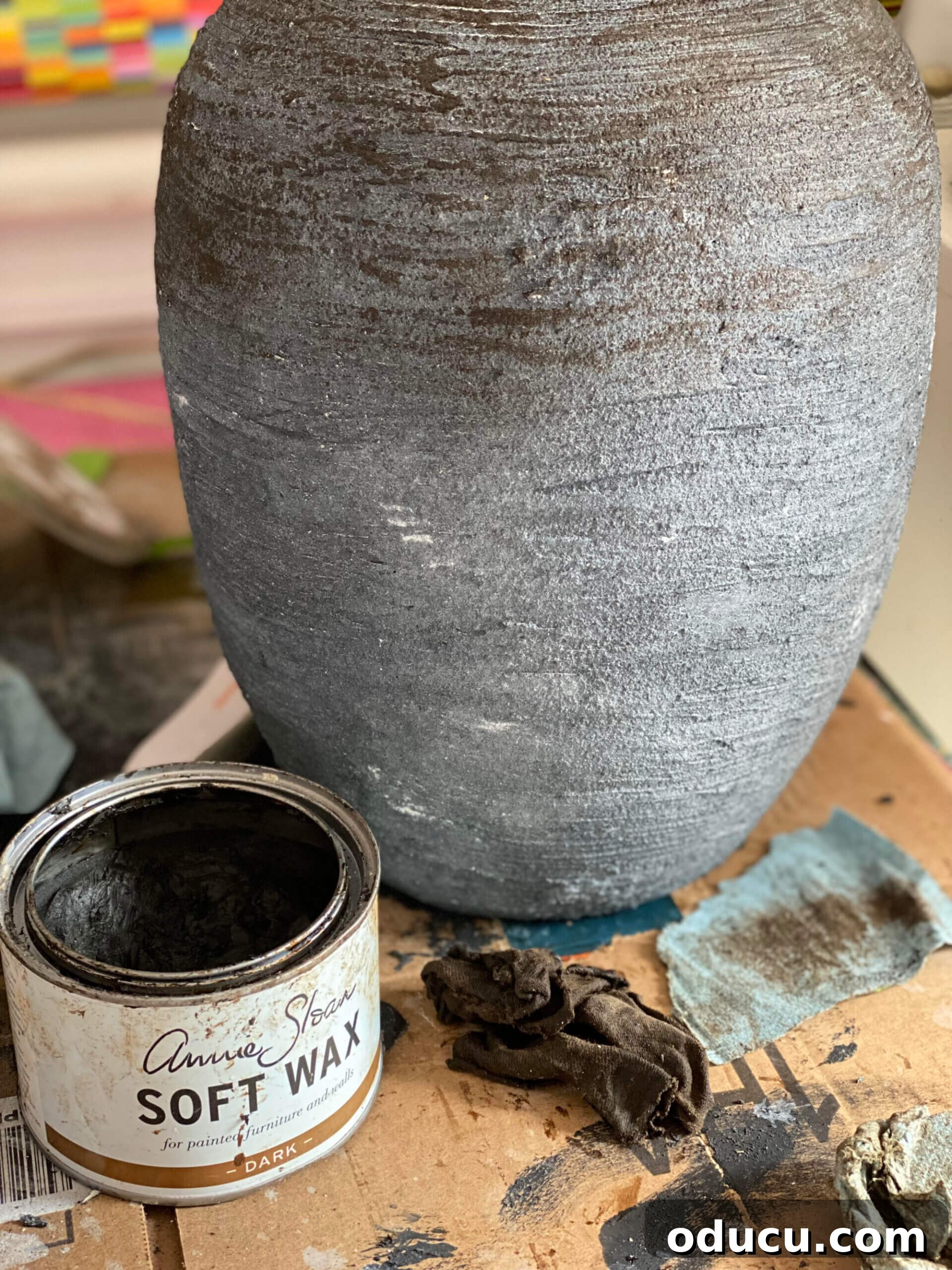 Craft Stunning Table Lamps for Less 12 Adding a dark wax layer over textured paint on a DIY table lamp