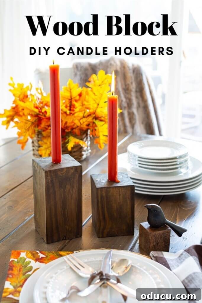 Transform Wood Scraps Into Beautiful Candle Holders Easily 11 DIY Wood Block Candle Holders on dining table.