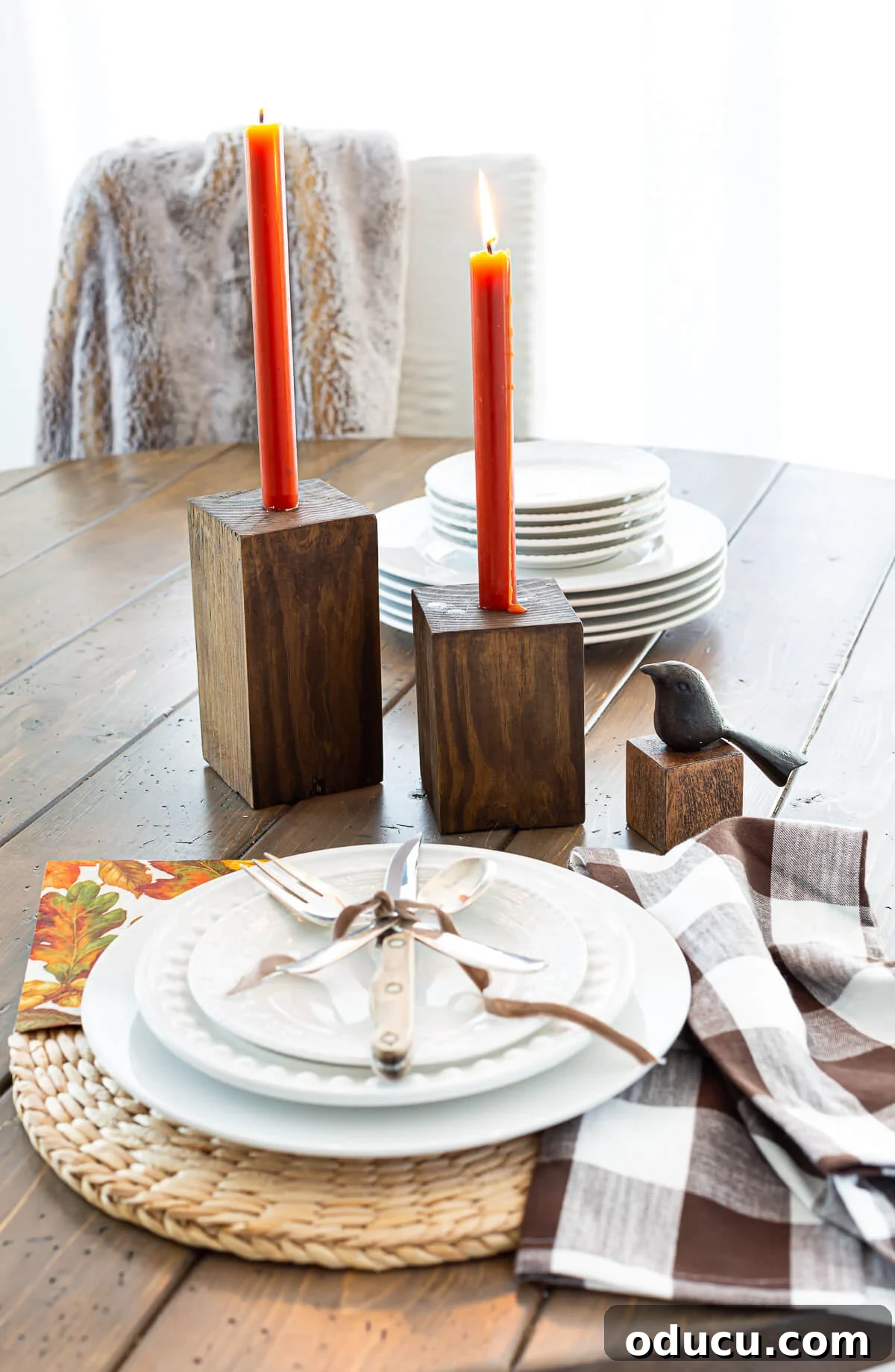 Thanksgiving table setting idea using DIY wooden candle holders.
