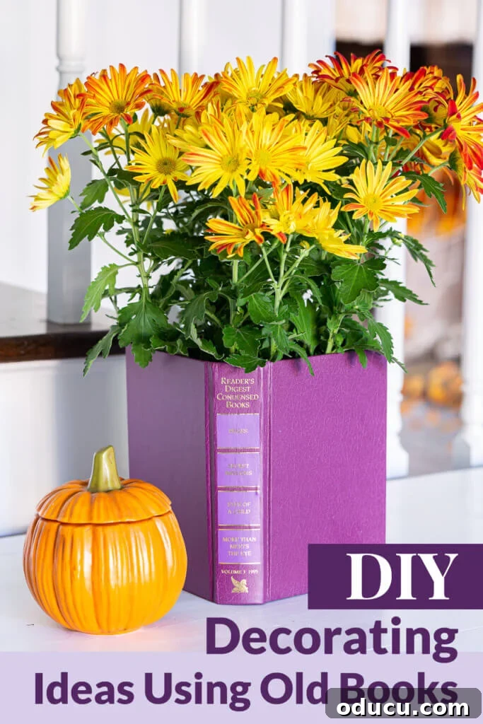 Literary Planters: Crafting Covers from Old Books 16 A collection of DIY decorating ideas using old books, including a plant pot cover, for a unique and budget-friendly home decor.