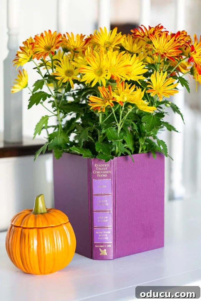 Literary Planters: Crafting Covers from Old Books 5 A DIY decor idea featuring old books transformed into a stylish cover for a mum planter pot.