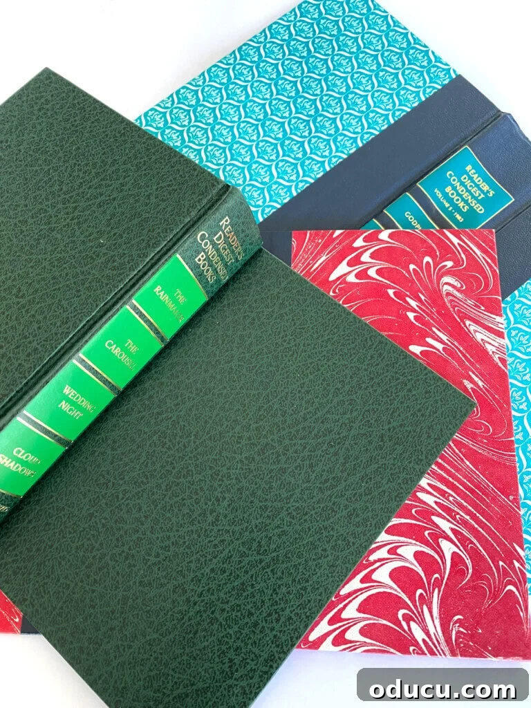 Literary Planters: Crafting Covers from Old Books 6 Three colorful Reader's Digest condensed book covers, ready to be crafted into creative home decor accessories.