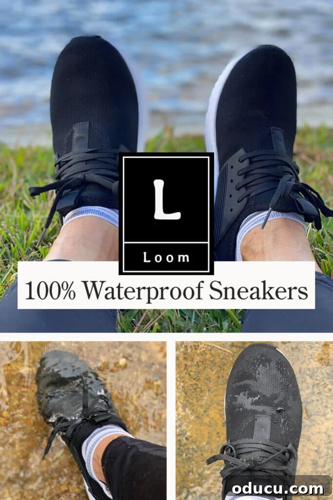 The Sixty-Sixth Style Edit 3 Loom Black Waterproof sneakers on my feet, demonstrating their style.