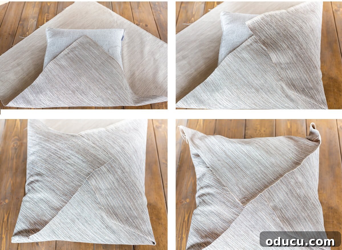Folding steps to create a decorative cover for a square throw pillow