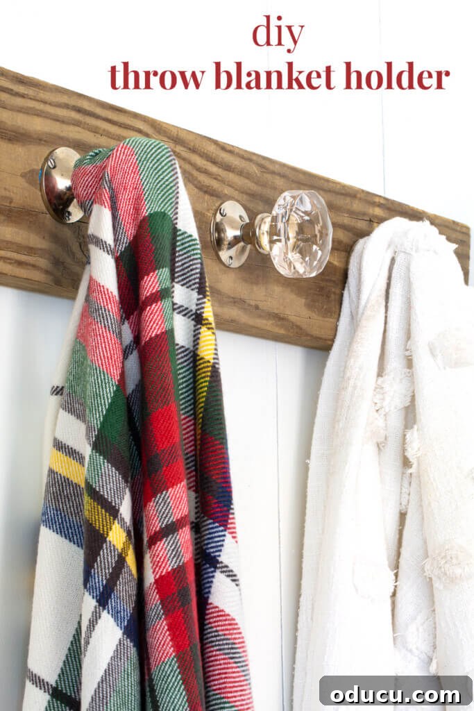Elegant Wall Organizer for Living Room Throws 15 blanket display ideas - wood holder on wall using doorknobs as hooks.