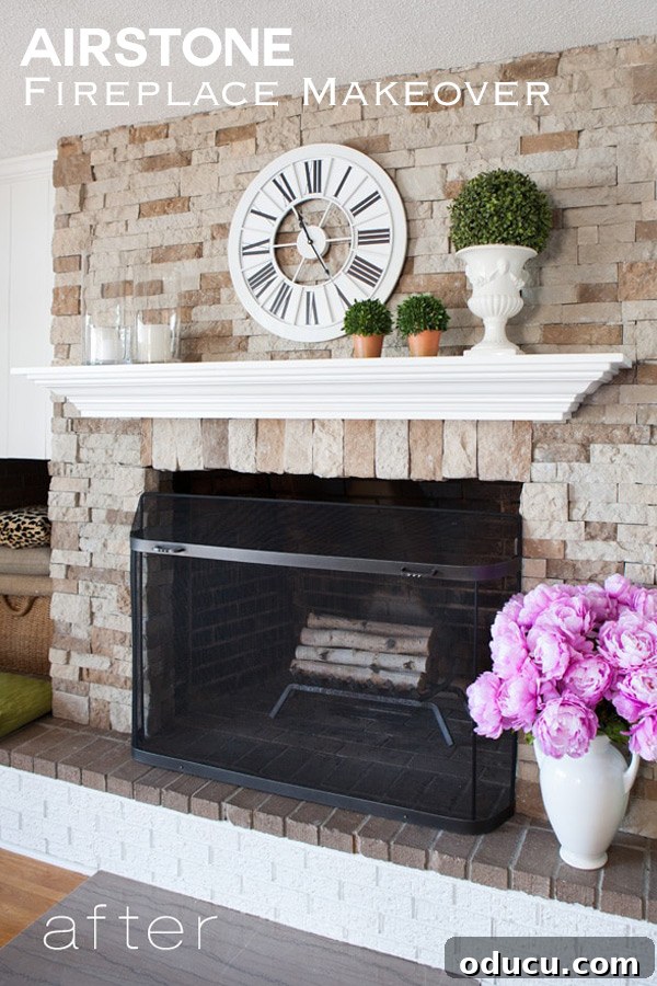 Tearing Out Your Stone Fireplace 6 Finished AirStone fireplace makeover with a unique mantel