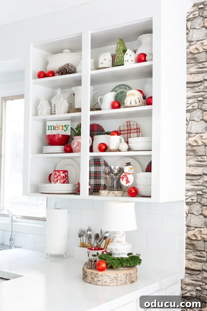 Open Kitchen Shelving: Cabinet Door Removal 22 Diy Christmas shelf decor ideas for open kitchen shelves.