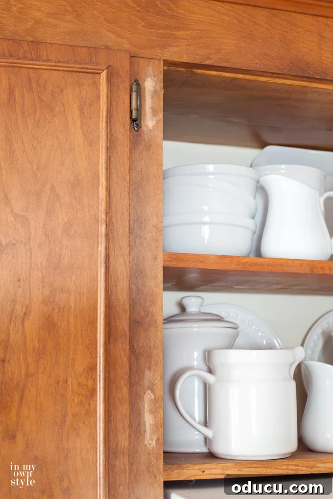 Open Kitchen Shelving: Cabinet Door Removal 7 how to fix hinge holes on a stained cabinet.