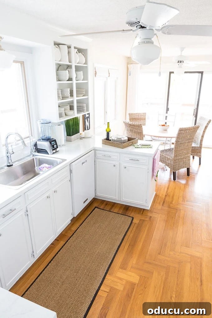Open Kitchen Shelving: Cabinet Door Removal 9 A small kitchen with DIY painted counters and Open shelf upper cabinet created by removing kitchen cabinet doors.