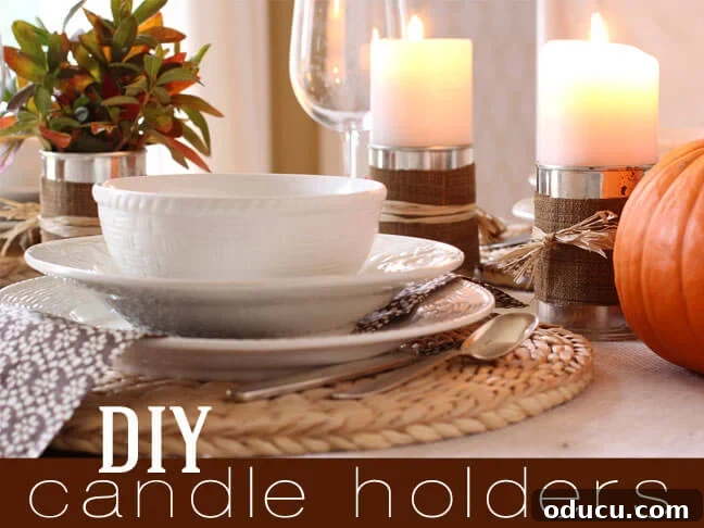 Unlock New Decor Ideas for Candle Holders 21 Rustic tin can and fabric candle holders adorning a dining table set for fall, creating a cozy ambiance.