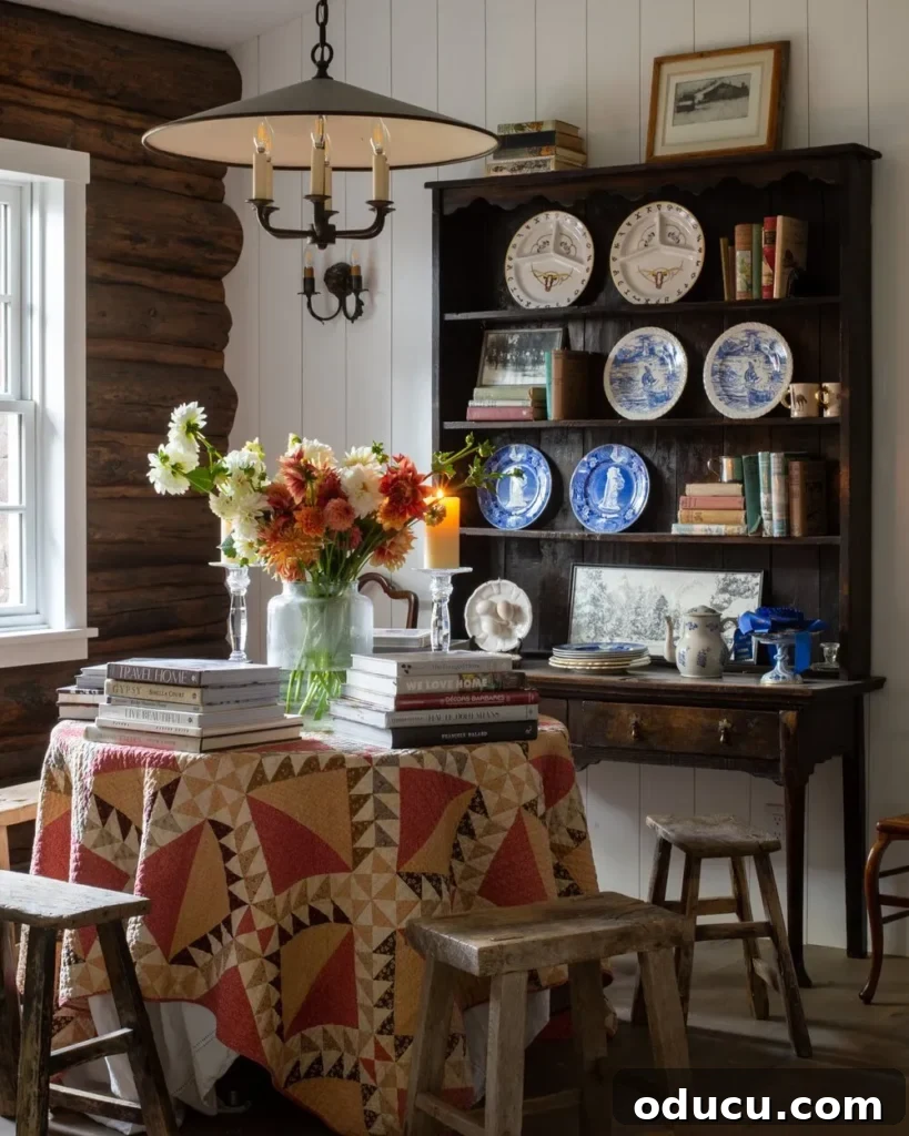 Style Chronicles: Entry 79 2 A charming, cozy log cabin interior featuring a quilt-draped table and a rustic hutch, exuding warmth and comfort.