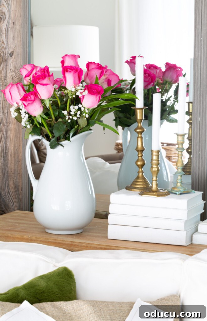 Craft Personalized XO Applique Pillows 5 Soft pink roses in an elegant white vase placed on a sofa table, adding a touch of romance.