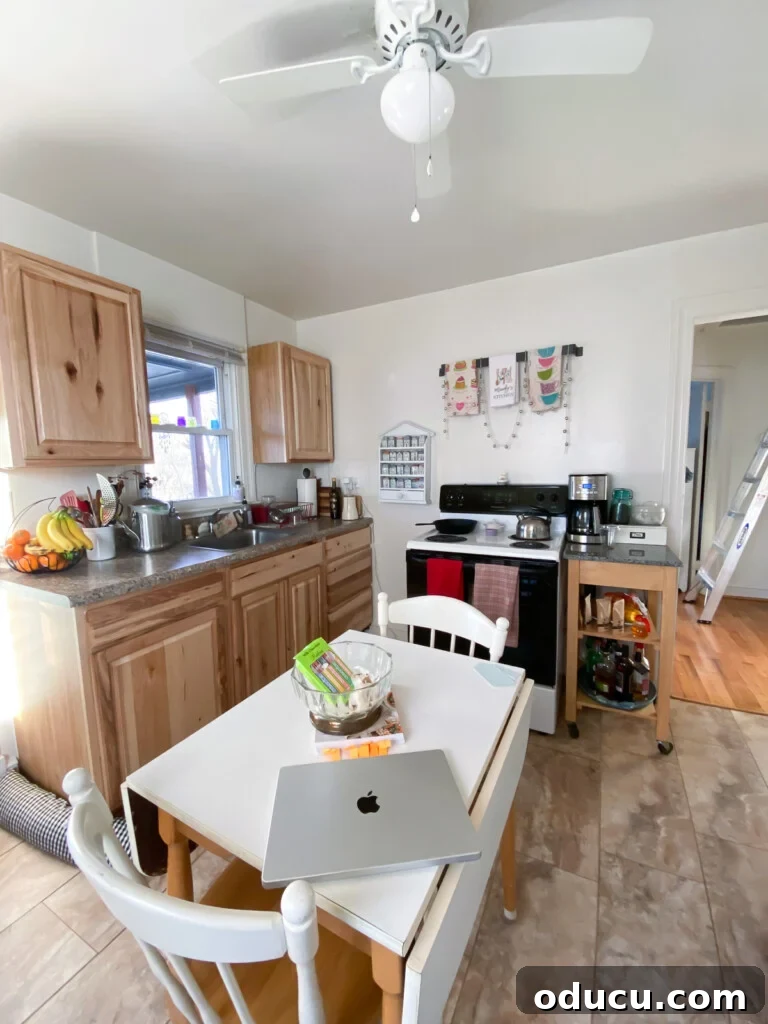 Trend Spotting Eighty One 2 Mandy's kitchen before renovation, showing glossy antique white walls and a dated appearance.