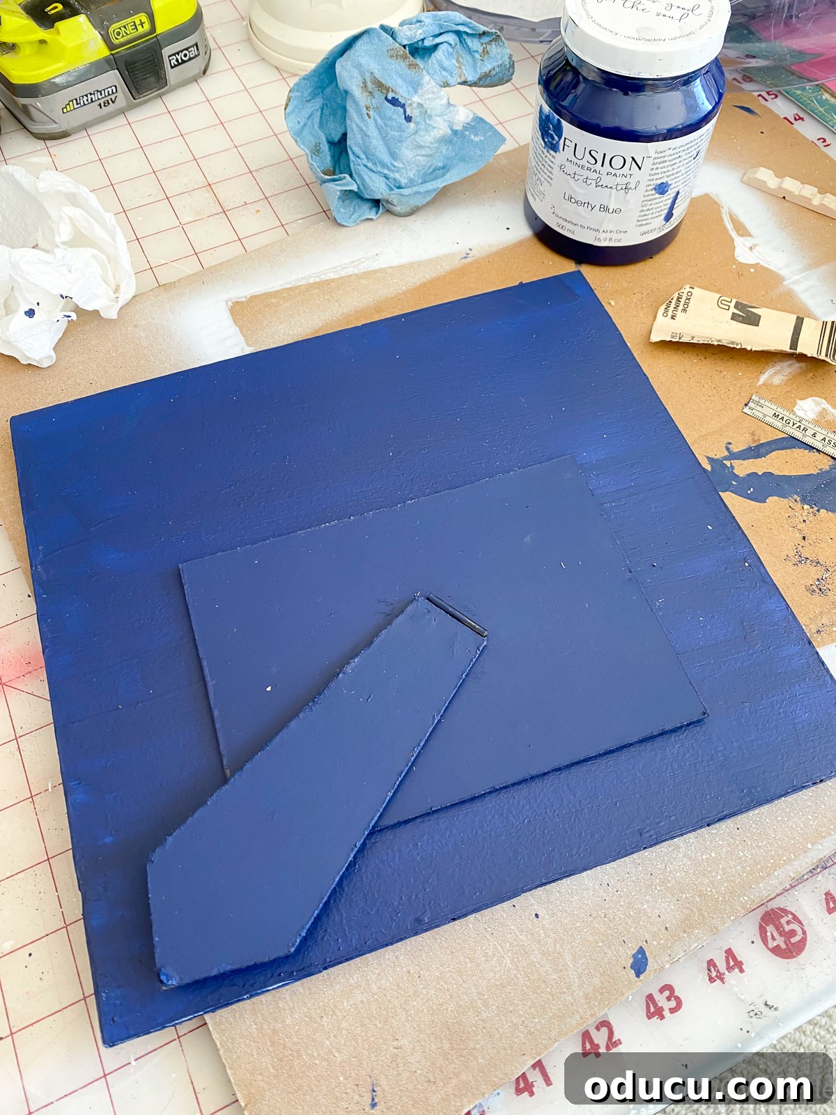 Back of diy clothespin picture frame painted using Liberty Blue from Fusion Mineral Paint