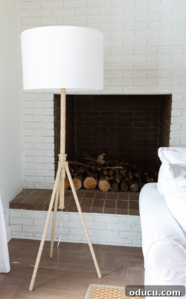 Stunning Floor Lamp Makeover for Less Than Ten Bucks 13 Completed DIY floor lamp makeover done by wrapping with polished hemp cord.