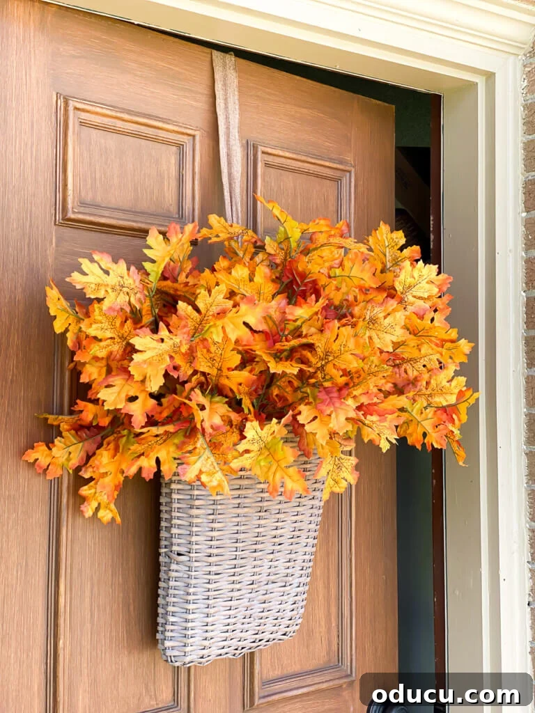 Cozy Fall Wicker Door Basket Project 14 flat back basket for door filled with fall leaves