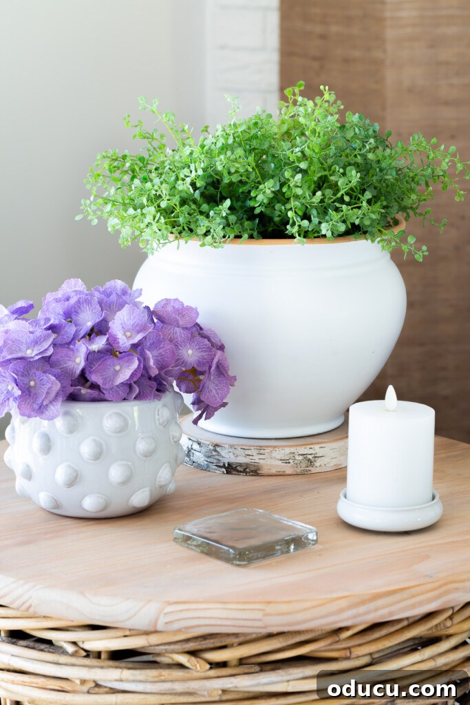 12 Affordable DIY Summer Decor Projects 21 A pristine white spray-painted planter resting on a round wicker table in a brightly decorated living room, illustrating a simple summer decor update.
