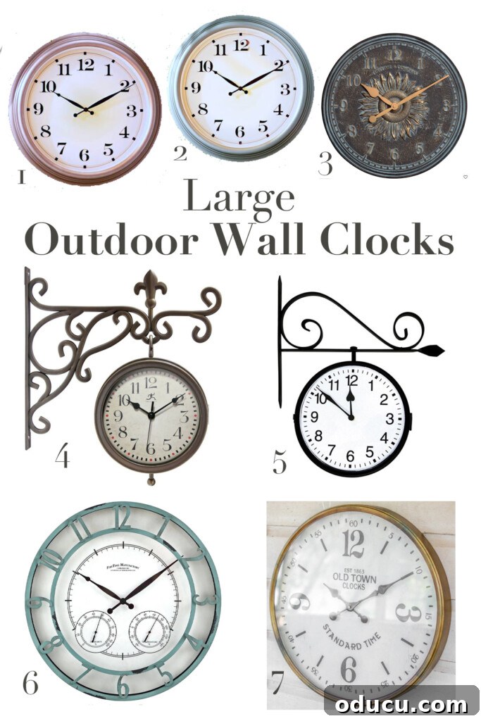Make a Statement with Large Outdoor Clocks 15 Photo to 7 clocks to buy. Text says: Large Outdoor Wall Clocks.