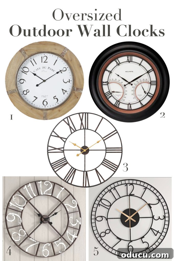 Make a Statement with Large Outdoor Clocks 16 Image showing 5 wall clocks to buy. Text: Oversize Outdoor Wall Clocks
