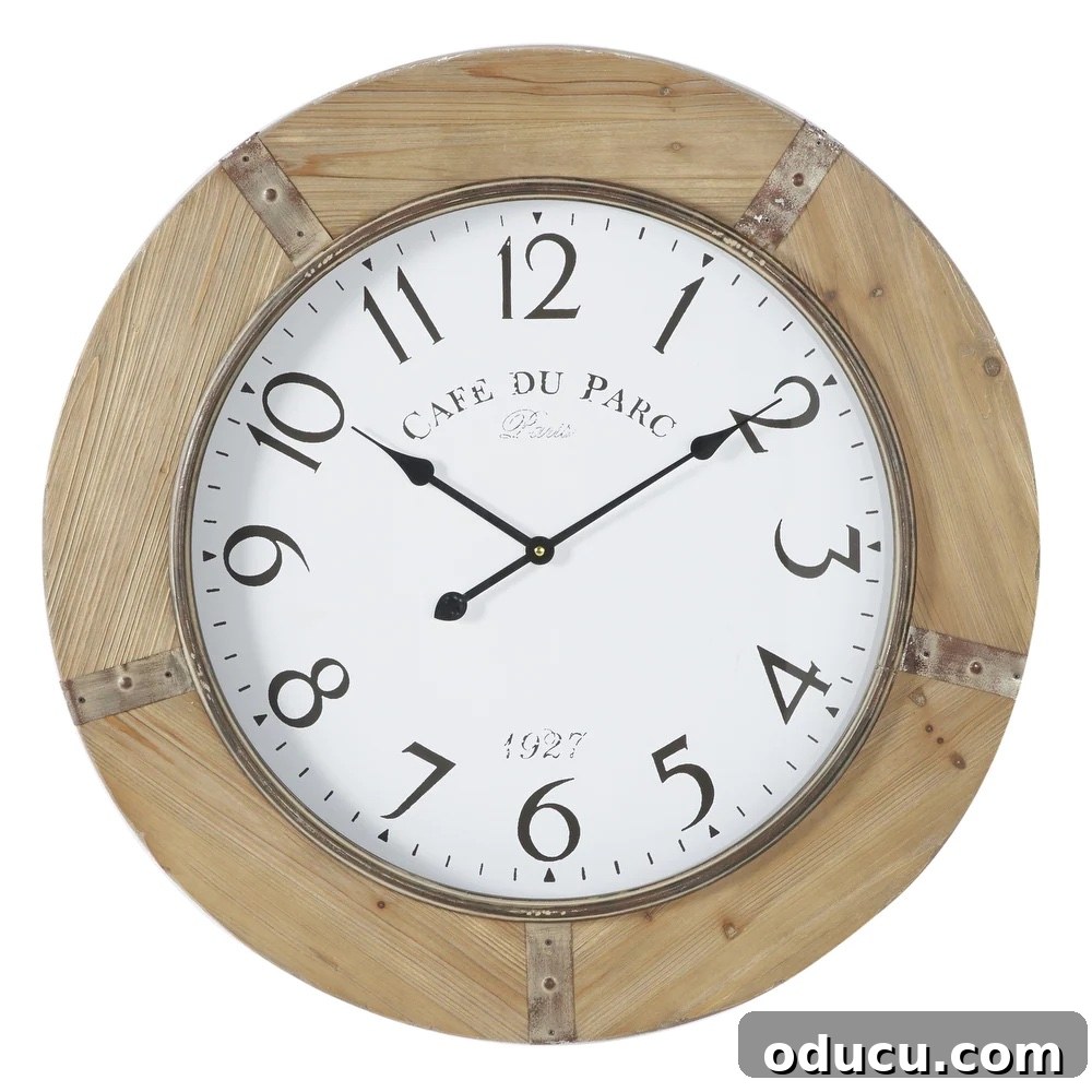 Make a Statement with Large Outdoor Clocks 3 Round-Rustic-Wall-Clock-w-Solid-Wood-Frame-and-Decorative-Design