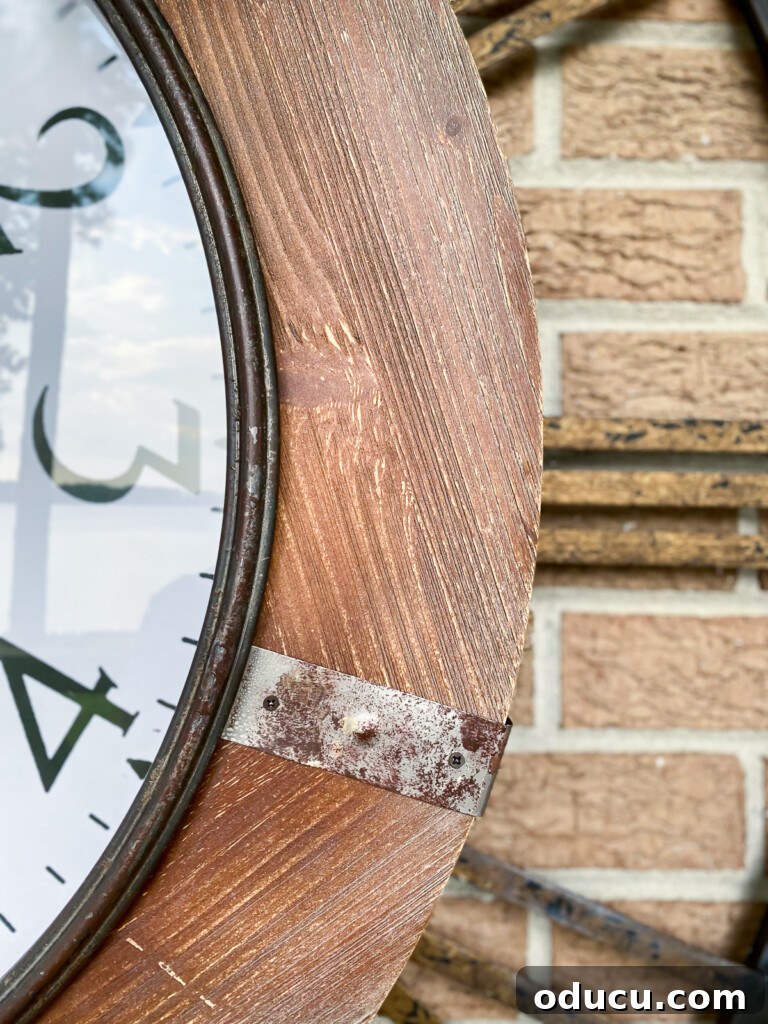 Make a Statement with Large Outdoor Clocks 7 close up of wood frame on large outdoor wall clock.