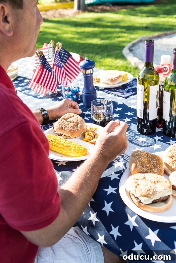 Chic Chronicles 2 A beautifully set patriotic picnic table, adorned with red, white, and blue decor, ready for a festive Fourth of July celebration outdoors.