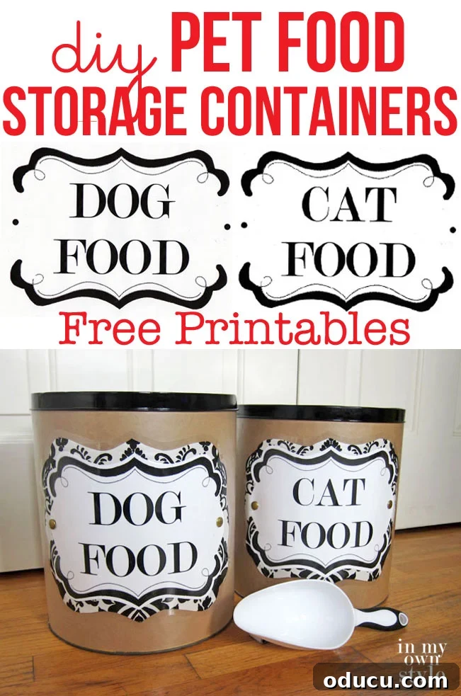 DIY pet food storage containers and DOG and CAT free printable labels. #petfood #petfoodcontainers #petfoodstorage #freeprintables #freeprintablelabels DIY Pet Food Storage Containers with Free Printable Dog and Cat labels for home organization
