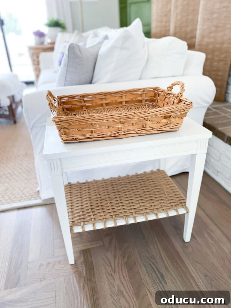 Designer Dupe Two-Tier End Table Makeover 11 Rustic wicker basket placed on the wood end table makeover, highlighting a natural and farmhouse-inspired decorative choice.