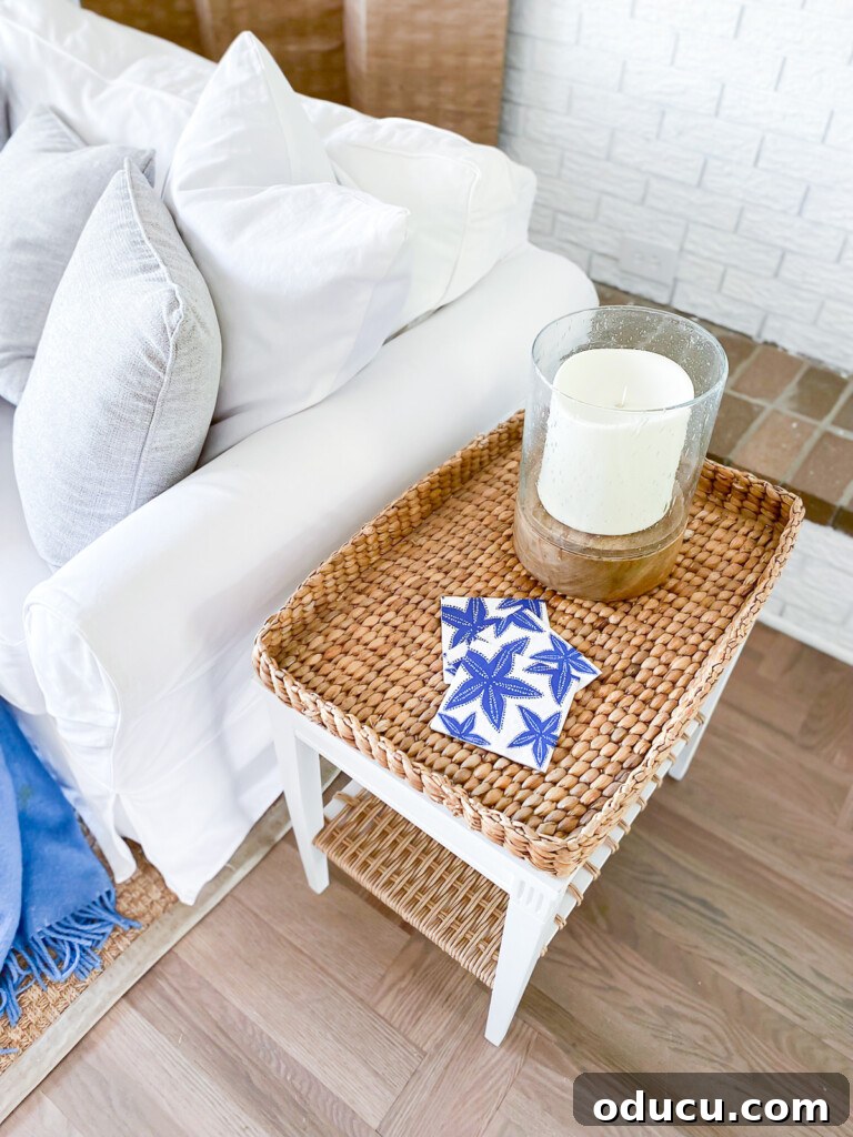 Designer Dupe Two-Tier End Table Makeover 13 Birds eye view of the beautifully woven end table, showcasing the intricate texture and the sleek white top.