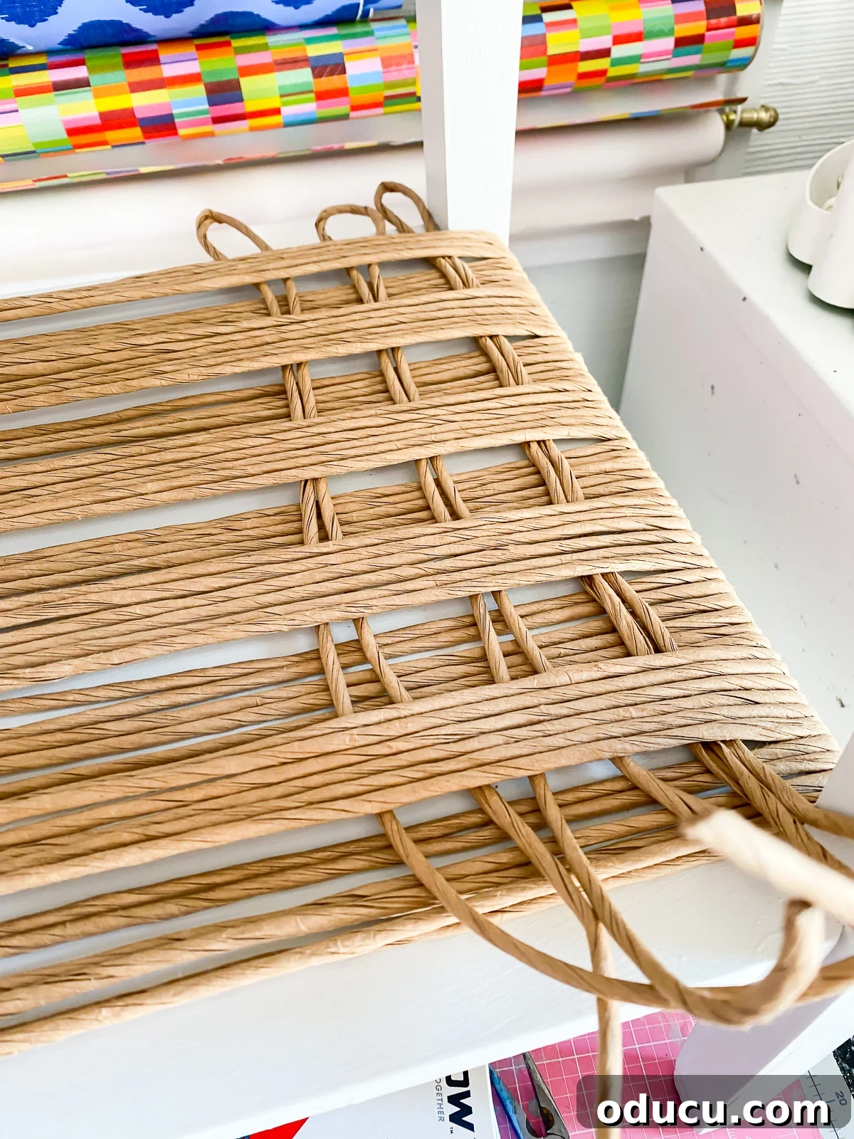 Designer Dupe Two-Tier End Table Makeover 19 Examples of different weave designs that can be created on an end table using varying spacing and cord combinations.
