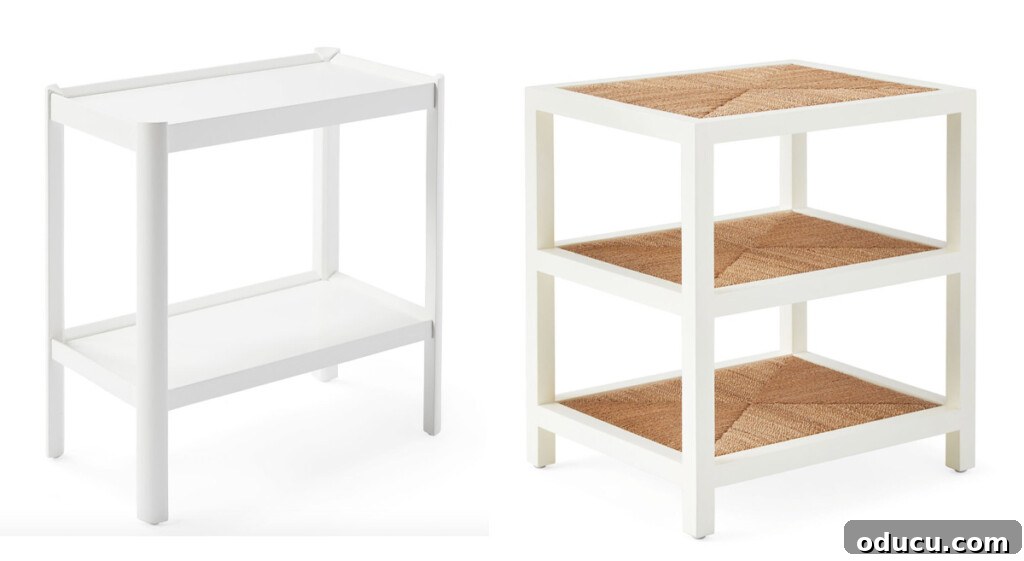 Designer Dupe Two-Tier End Table Makeover 3 Two elegant white end tables from Serena and Lily, featuring woven textures and modern designs, serving as inspiration for a DIY makeover.