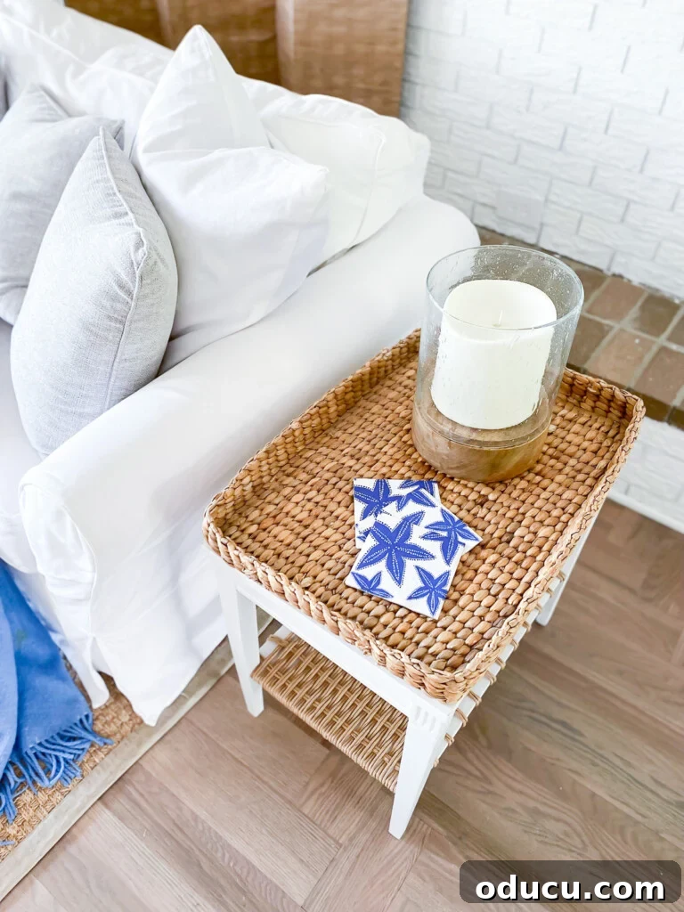Designer Dupe Two-Tier End Table Makeover 28 Birds eye view of the beautifully woven end table, showcasing the intricate texture and the sleek white top.